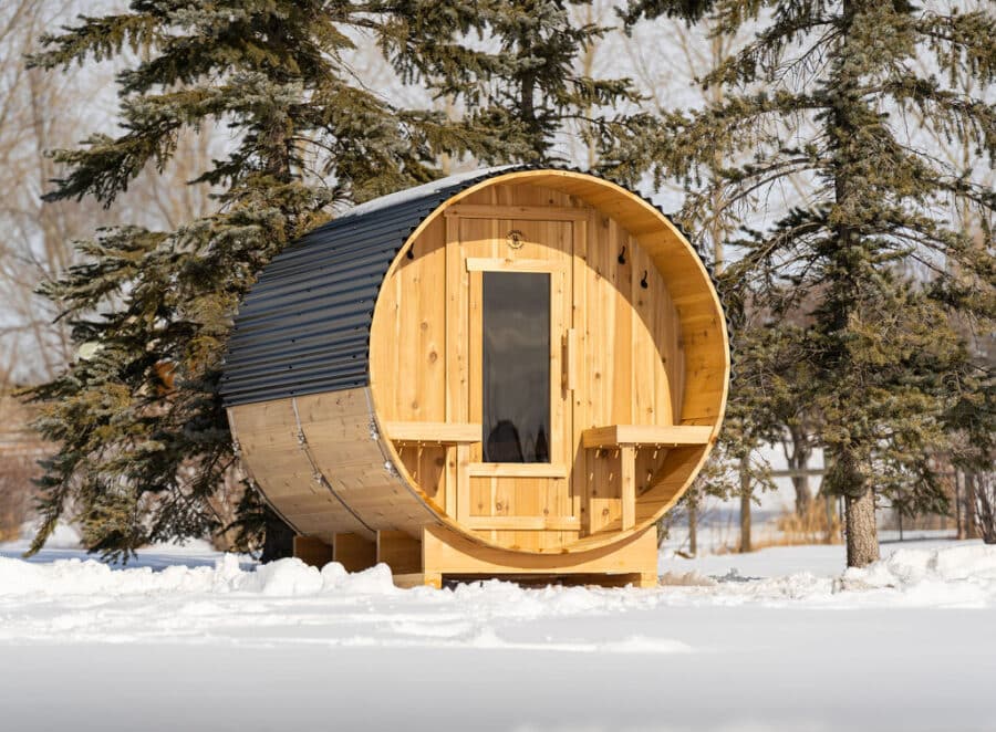 4 Person Cedar Barrel Sauna with Porch - 8ft Long